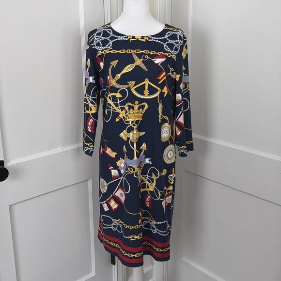 Talbots Dresses & Skirts - Talbots Dress Womens LP Navy Nautical Print Shift 3/4 Sleeve Stretch Petite